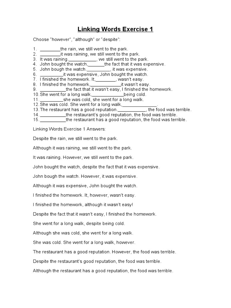 Linking Words Exercise for Beginners | PDF