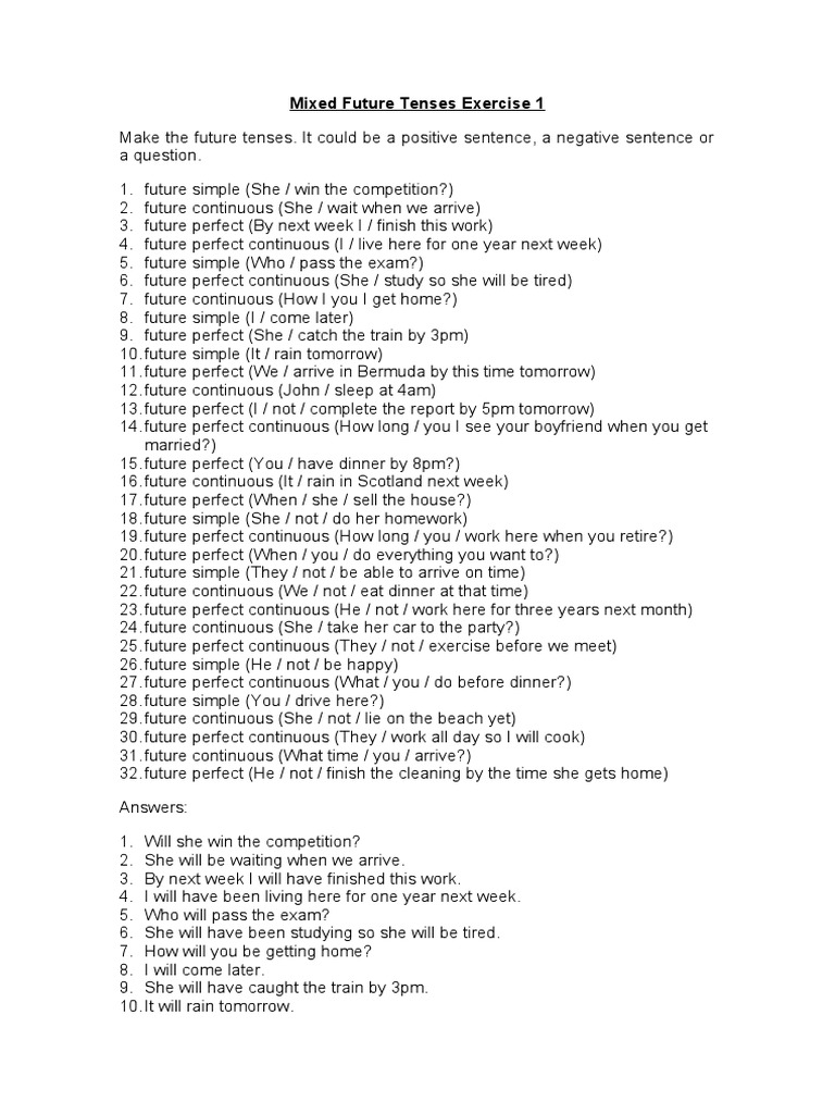 Mixed Future Tenses Exercises with Answers | PDF | Morphology ...