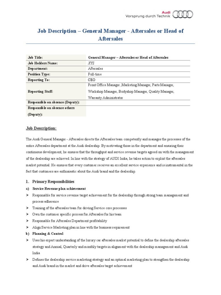 5.0 Job Description - General Manager - Aftersales or Head of Aftersales |  PDF | Customer Experience | Brand