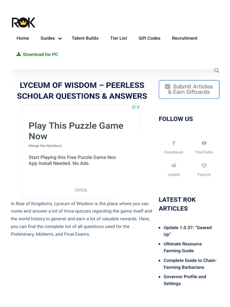 All Peerless Scholar Questions & Answers Rise of Kingdoms PDF