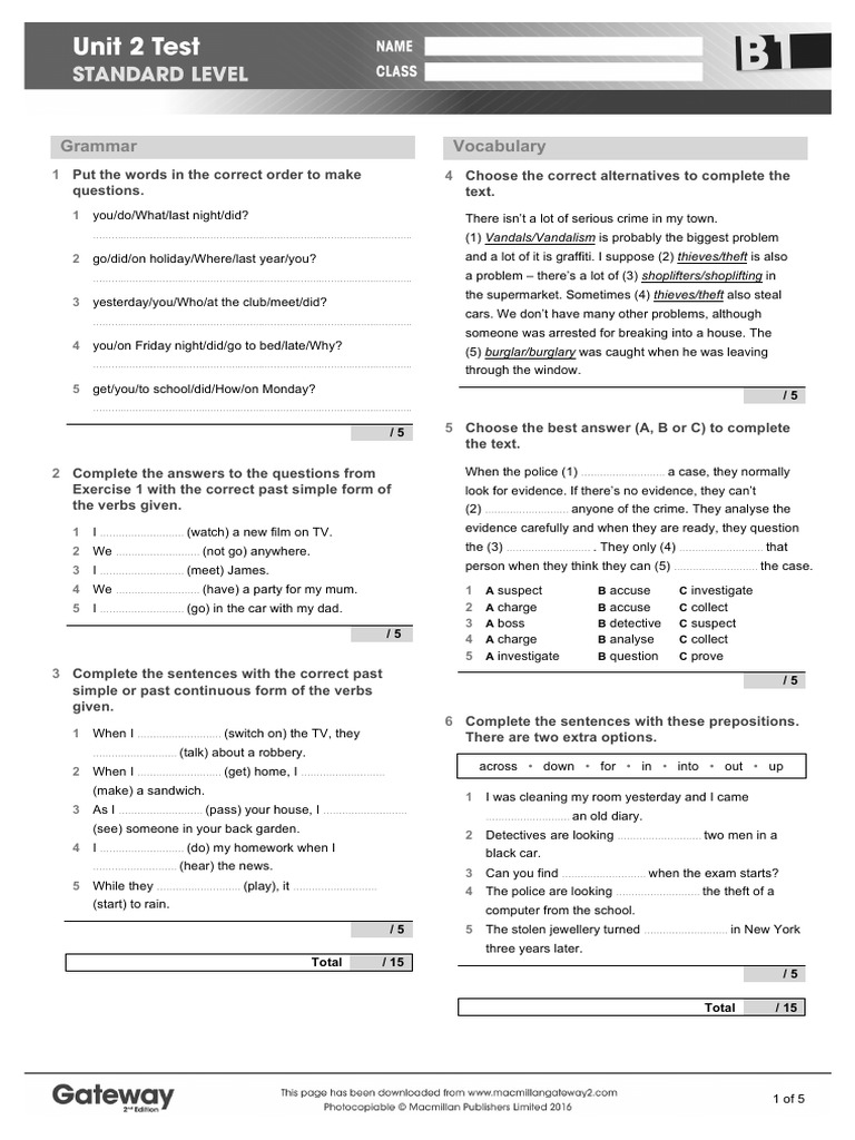 B1 UNIT 2 Test Standard | PDF | Burglary | Crime & Violence