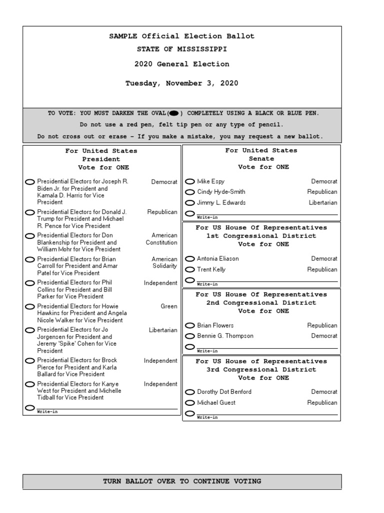 Mississippi 2020 General Election Sample Ballot Presidents Of The