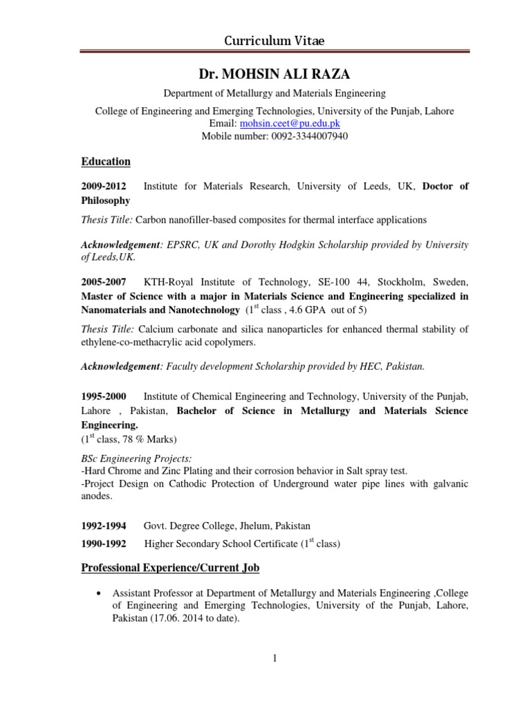 Dr. Mohsin Ali Raza's CV | PDF | Graphene | Materials Science