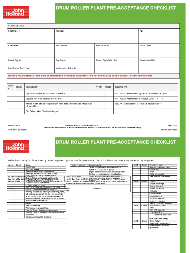Drum Roller Pre-Acceptance Checklist | PDF | Truck | Wheeled Vehicles