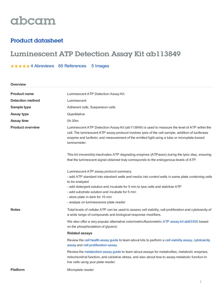 Luminescent ATP Detection Assay Kit Ab113849 Luminescent ATP Detection