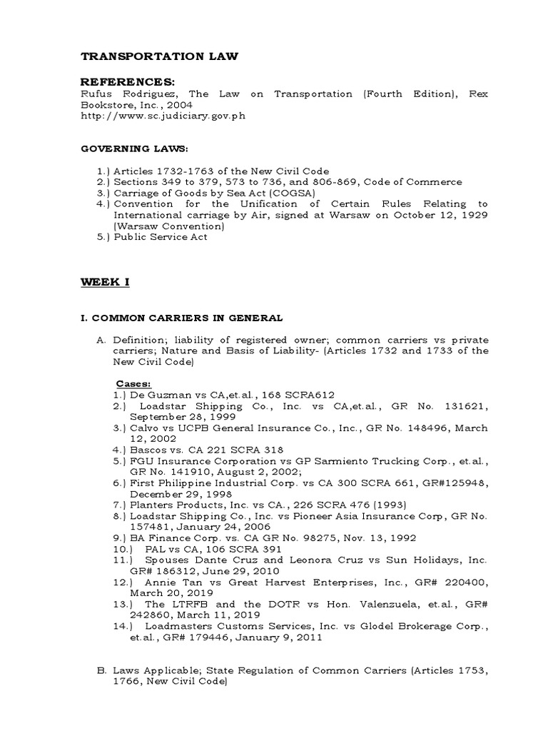 Transportation LawsyllabusSY 20202021 PDF Admiralty Law Common