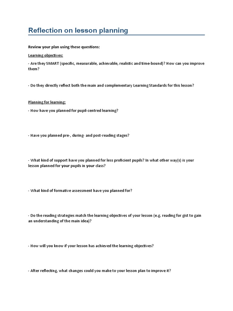 Reflection On Lesson Plan | PDF