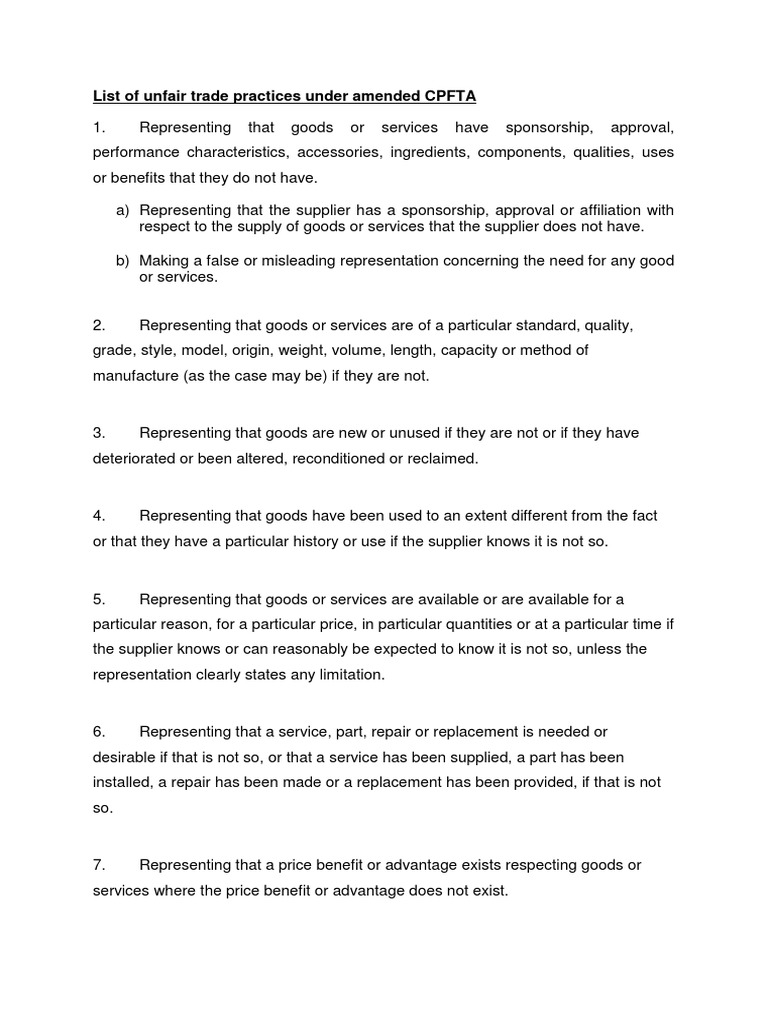 An Overview Of Unfair Trade Practices Prohibited Under The Amended