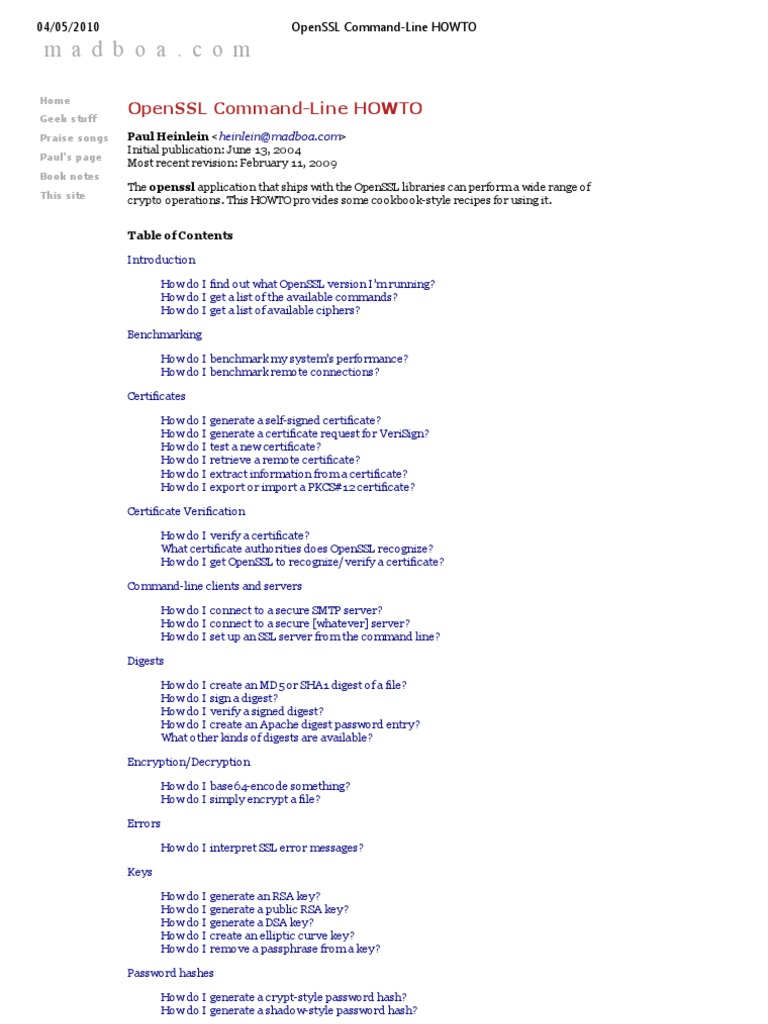 OpenSSL CommandLine HOWTO PDF Key (Cryptography) Transport Layer Security