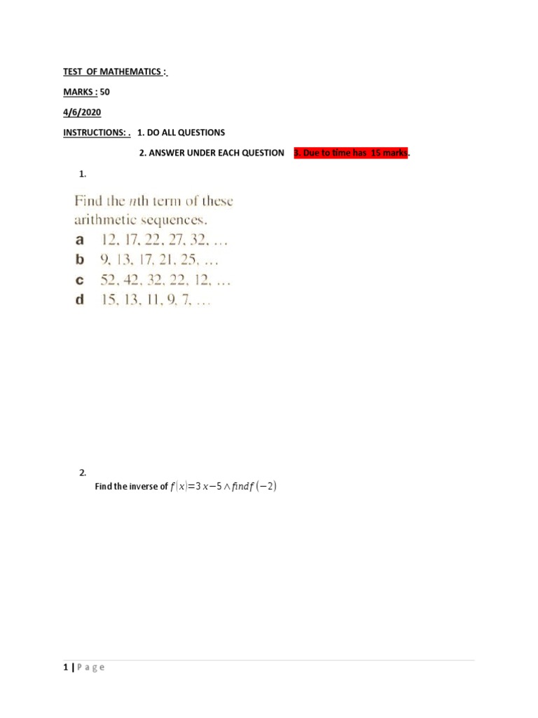 Test of Mathematics: Marks: 50 4/6/2020 Instructions: - 1. Do All ...