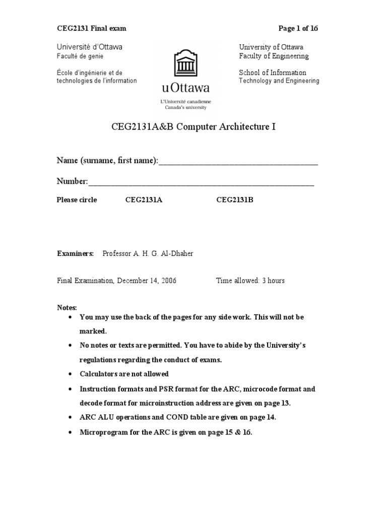 CEG 2131 - Fall 2006 - Final | PDF | Computer Architecture | Electronic ...