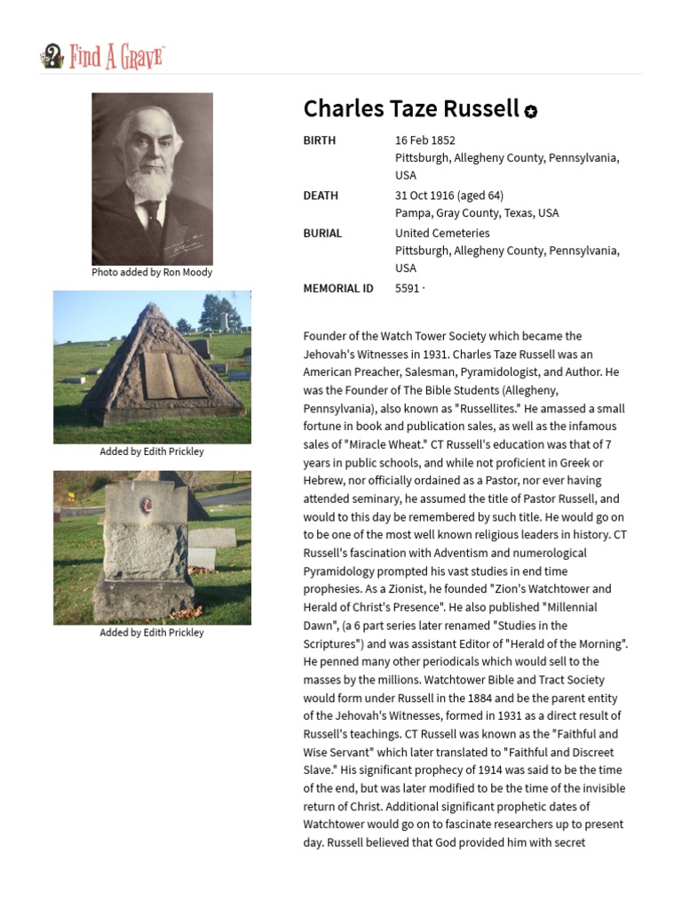 Charles Taze Russell (1852-1916) - Find A Grave Memorial | PDF ...