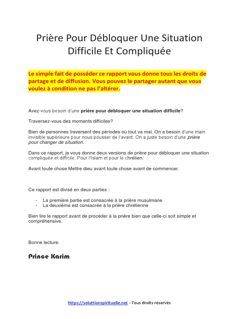 Prière Puissante Pour Débloquer Toute Situation Enlever Les Blocages Prière Pour Débloquer Une Situation Difficile | PDF | Prière | Saint-Esprit