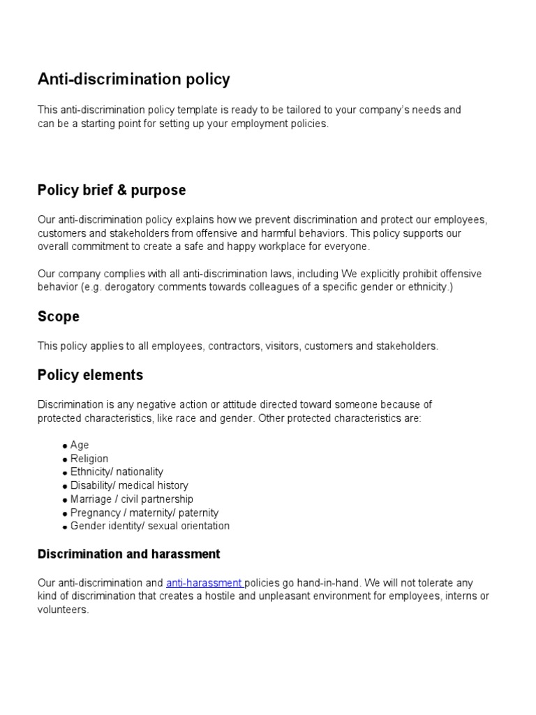 Anti-Discrimination Policy Template | PDF | Discrimination | Sexual ...
