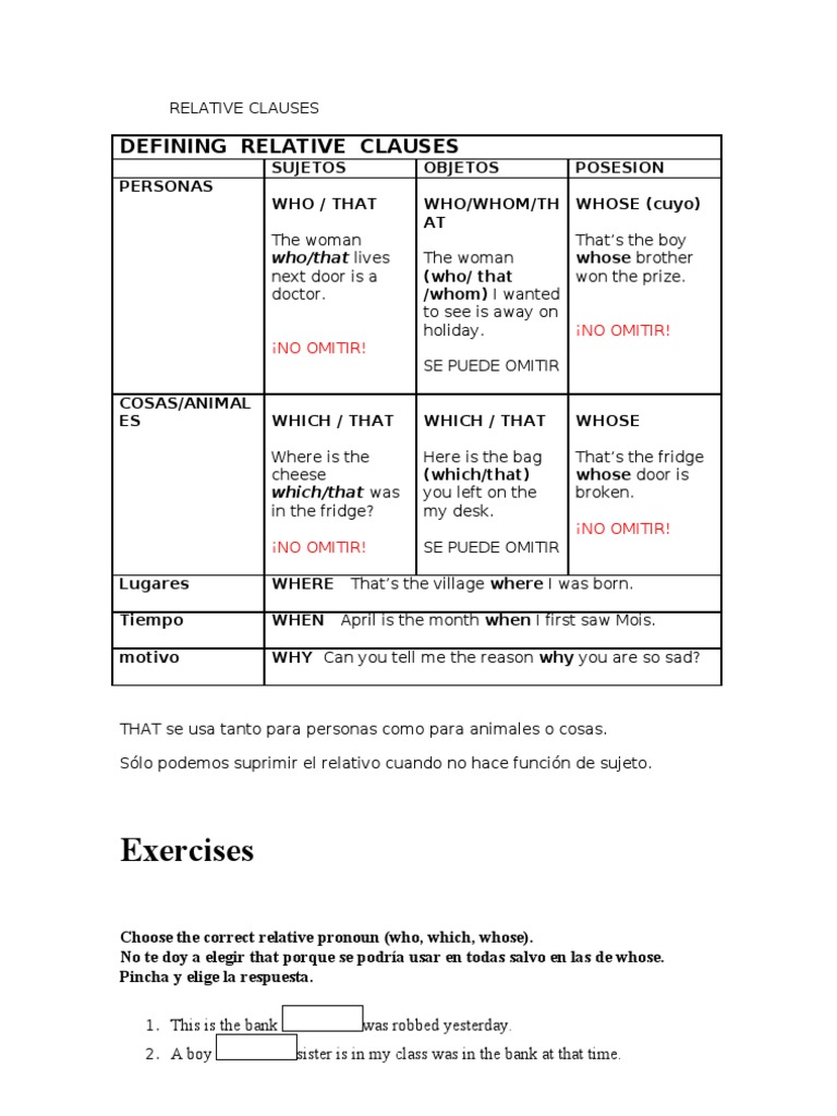 Exercises on Relative Clauses | PDF