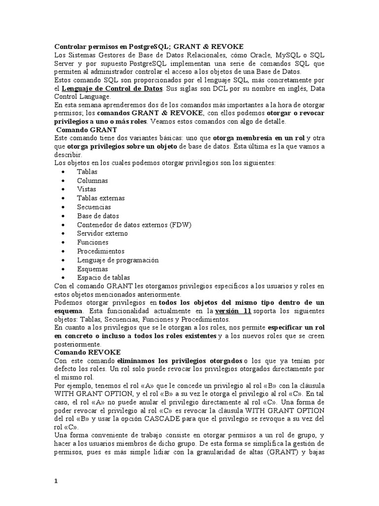 Control de permisos en PostgreSQL | PDF | Postgre Sql | SQL