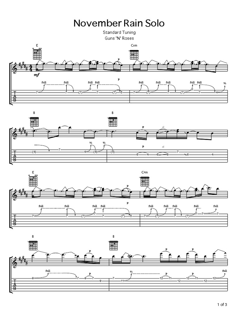 November Rain Solo Standard Tuning Guns 'N' Roses PDF Songs Written