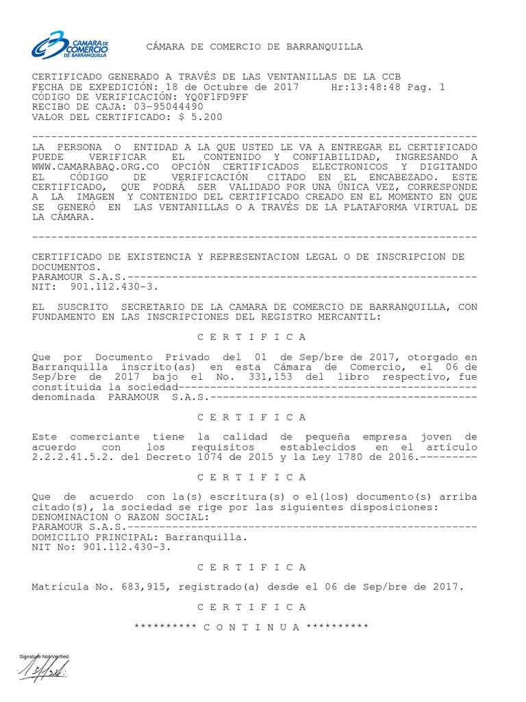 Certificado Cámara de Comercio Barranquilla | PDF | Sociedad | Business
