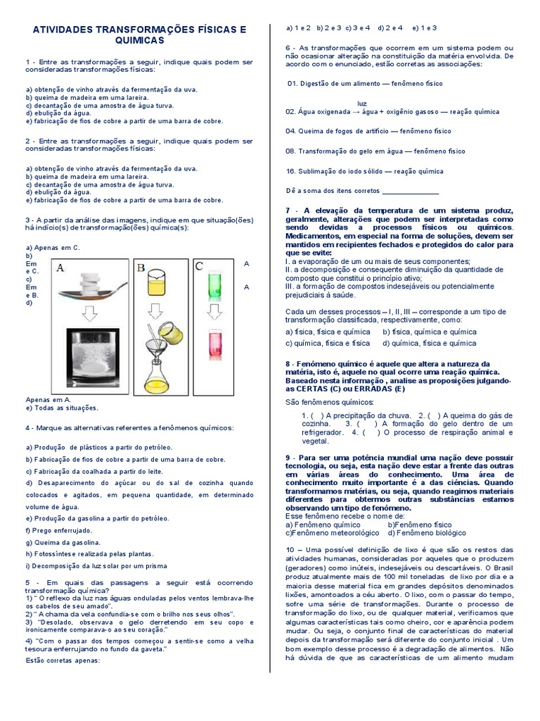 Atividades sobre Transformações Físicas e Químicas | PDF | Química ...