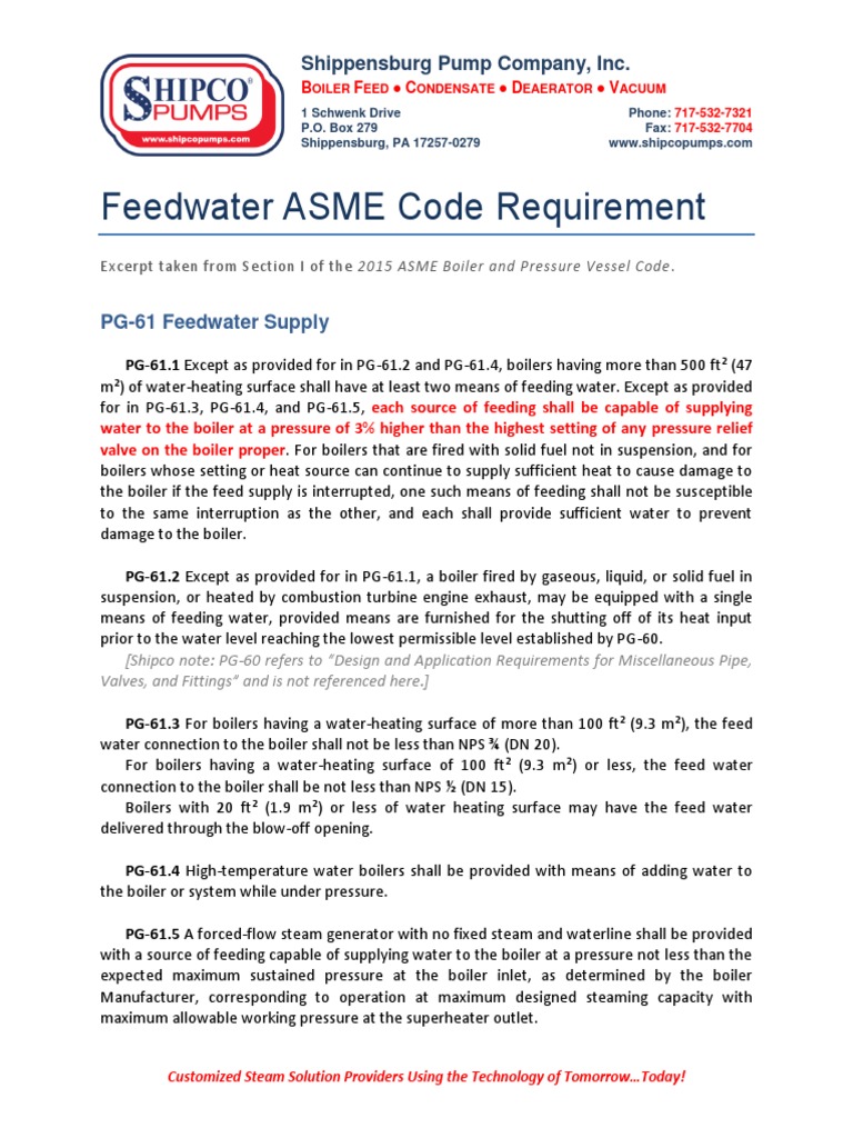 Feedwater ASME Code Requirement PDF Boiler Steam