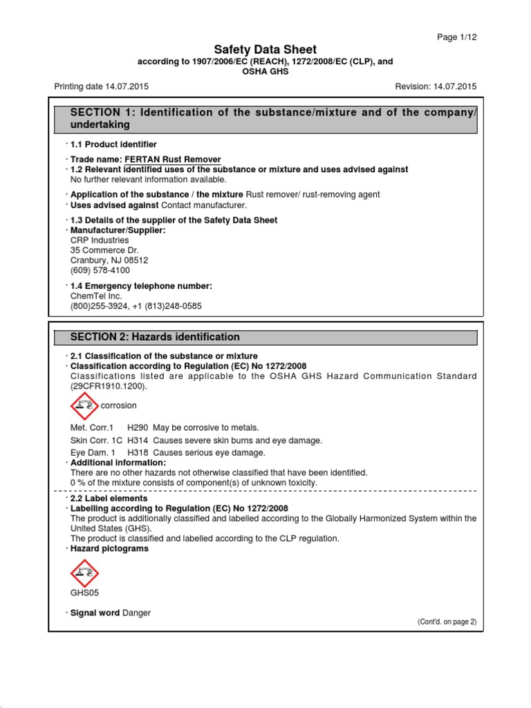 FERTAN Rust Remover Safety Data Sheet | PDF | Working Conditions ...
