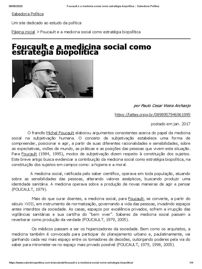 ARTIGO Foucault e A Medicina Social Como Estratégia Biopolítica PDF Michel Foucault