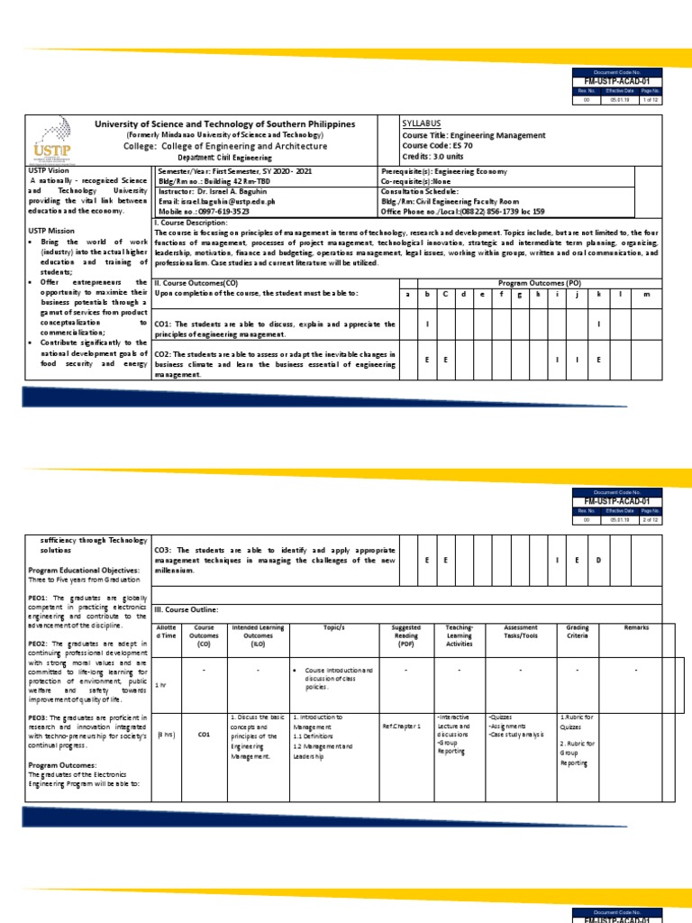 ES 70 Engineering Management - Syllabus 2020 PDF | PDF | Engineering ...