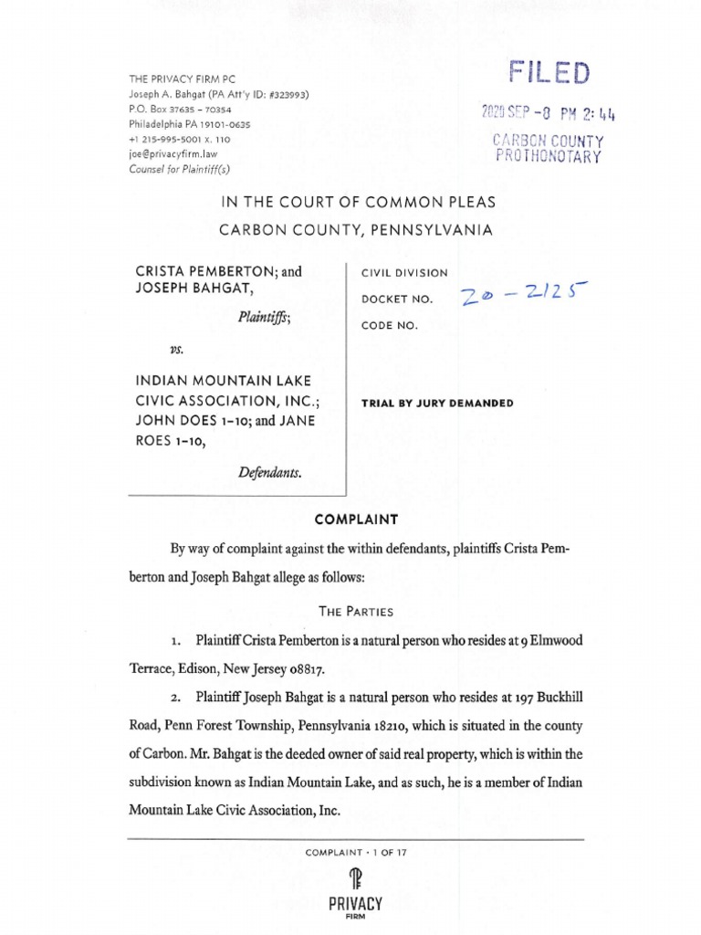 Civil Complaint Against Indian Mountain Lake Civic Association PDF