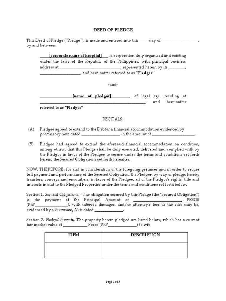 Template - Deed of Pledge - Other Items | PDF | Lien | Covenant (Law)