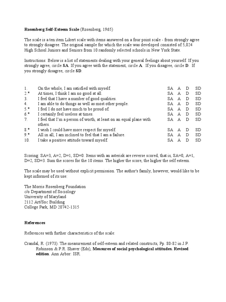 Rosenberg Self-Esteem Scale Overview | PDF | Applied Psychology ...