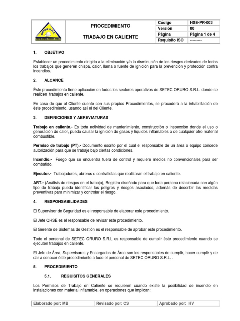 Hse-Pr-003 Procedimiento Trabajo en Caliente | PDF | Residuos | Soldadura