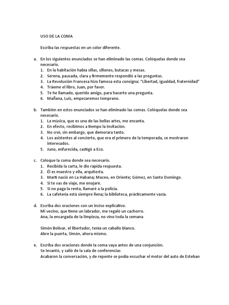 Uso de La Coma Ejercicios Clase 2 | PDF