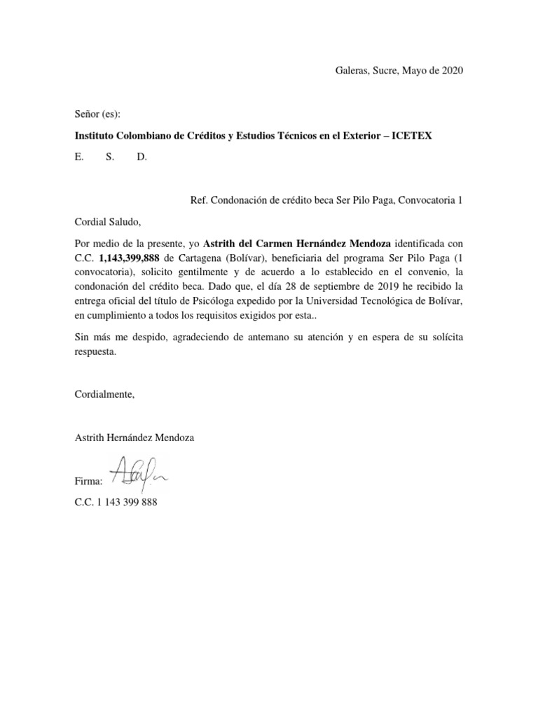 Carta de Solicitud de Condonación de Crédito ICETEX PDF | PDF