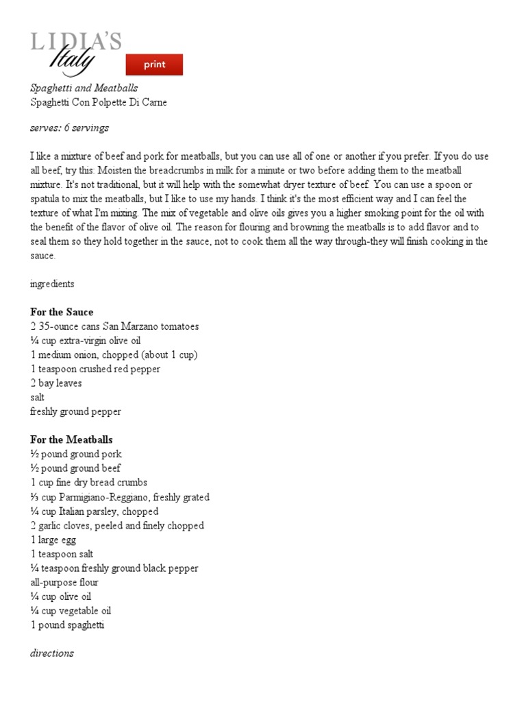 Lidia's Italy Recipes Spaghetti and Meatballs Print PDF