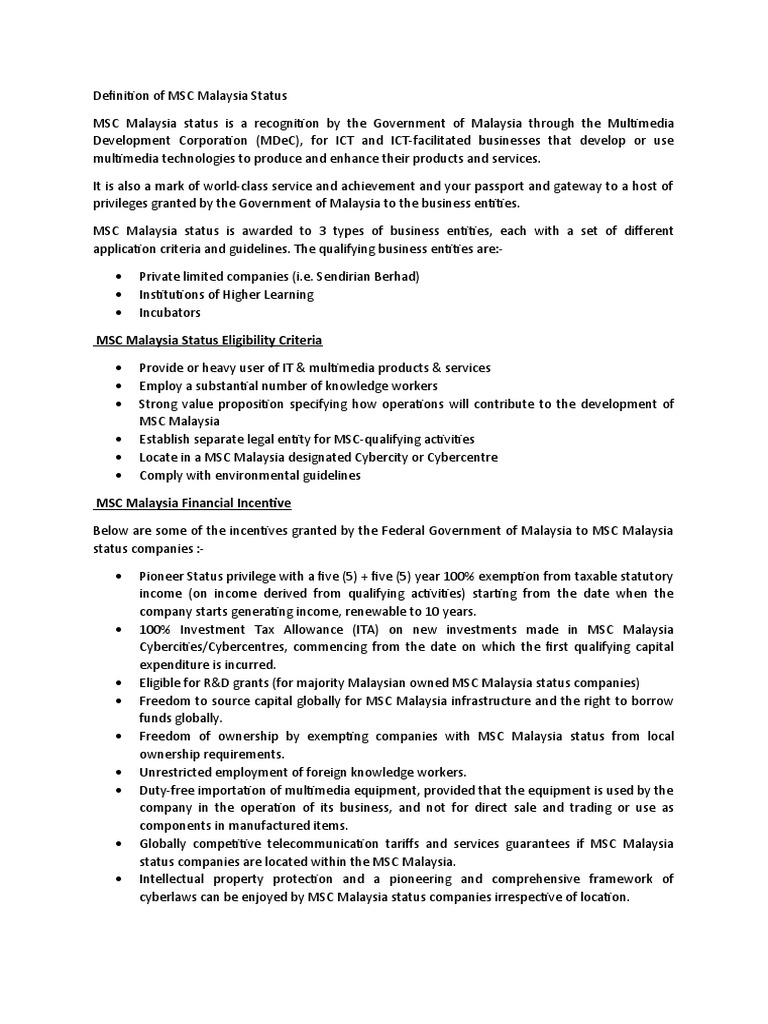 Understanding MSC Malaysia Status Benefits | PDF | Ownership | Malaysia