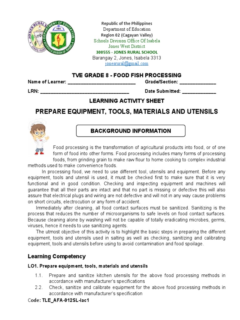 Prepare Equipment, Tools, Materials and Utensils Tve Grade 8 Food
