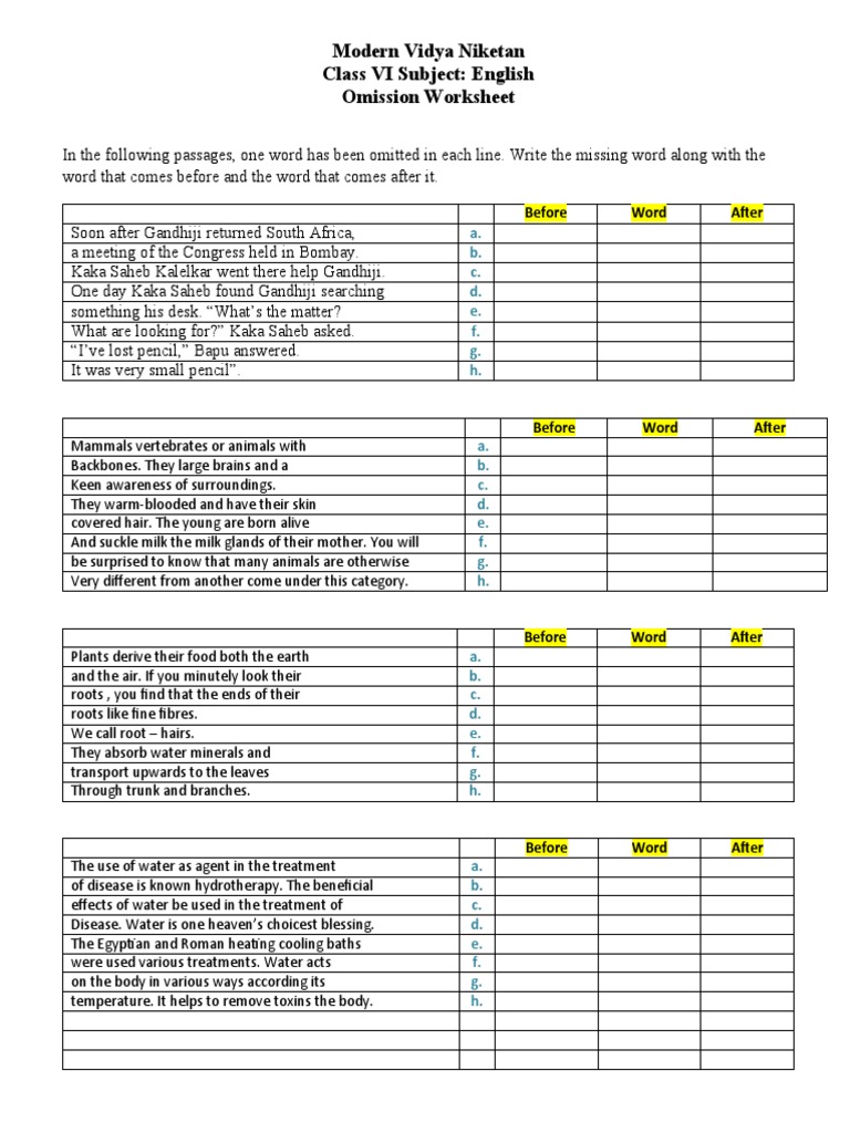 Modern Vidya Niketan Class VI Subject: English Omission Worksheet PDF