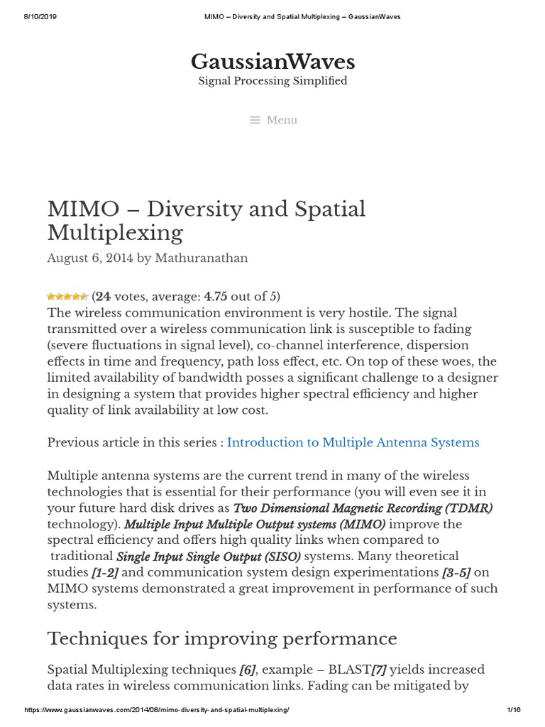 MIMO - Diversity and Spatial Multiplexing - GaussianWaves | PDF | Mimo ...