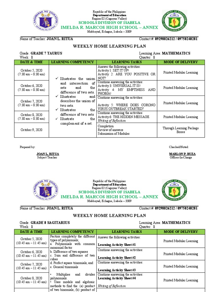 Weekly Home Learning Plans: Math | PDF | Factorization | Mathematical ...