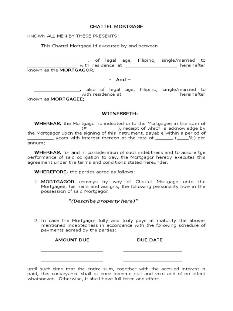Chattel Mortgage PDF Mortgage Law Mortgage Loan
