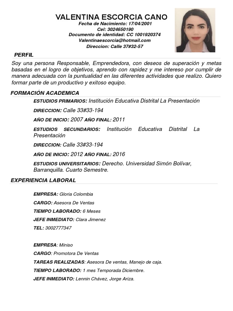 Hoja de Vida VALENTINA | PDF