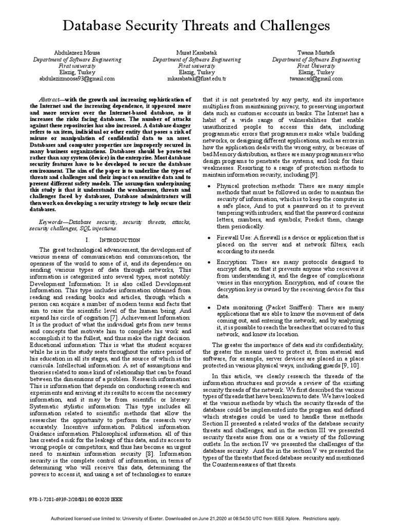 Database Security Threats and Challenges - 2020 PDF | PDF | Information ...