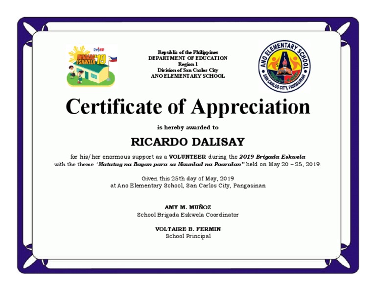 Certificate of Appreciation for Volunteer Ricardo Dalisay for his