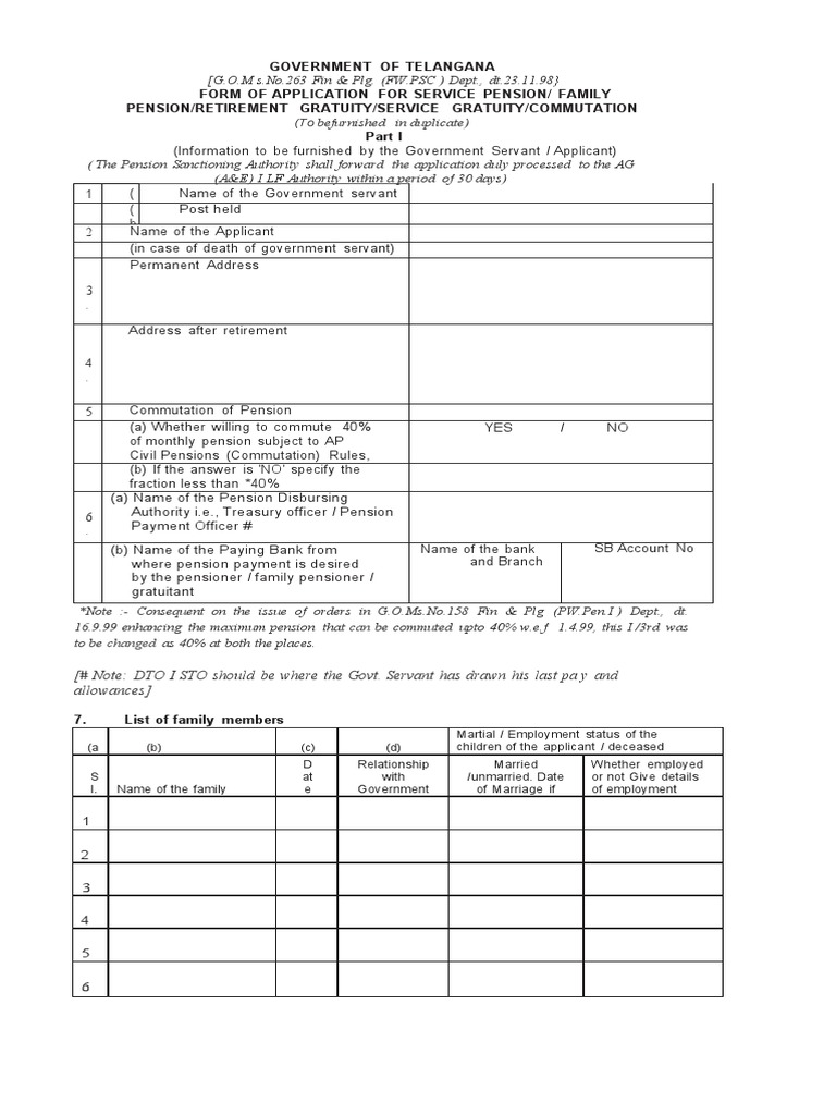 Government of Telangana Form of Application For Service Pension/ Family ...