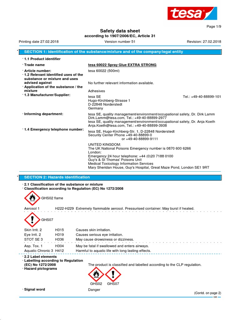 Safety Data Sheet for tesa 60022 Spray Glue EXTRA STRONG PDF