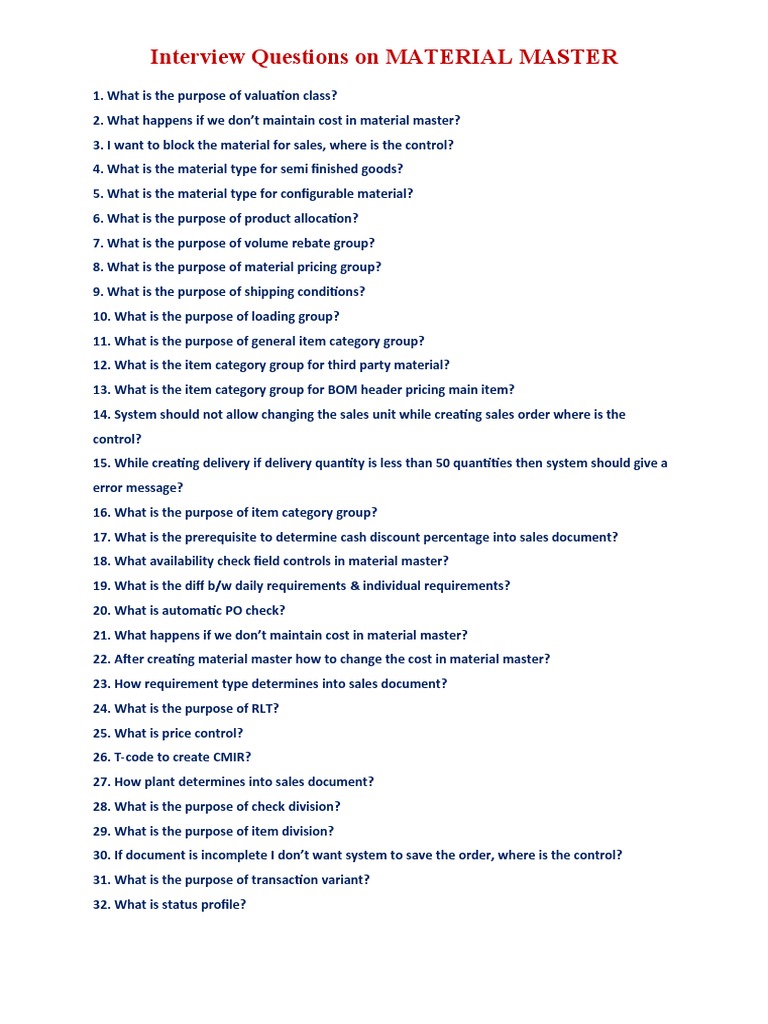 Essential Interview Questions on Material Master | PDF | Pricing ...
