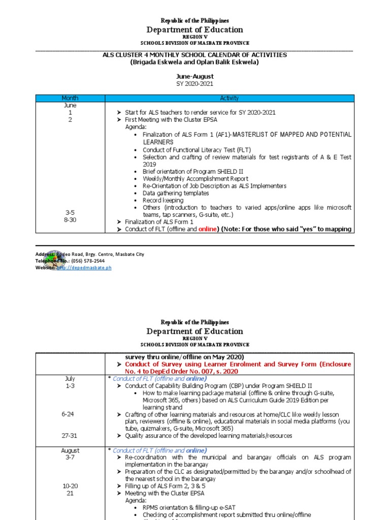 ALS Cluster 4 Activity Calendar 2020-2021 | PDF | Learning | Behavior ...