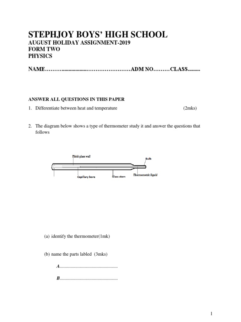 Form Two Physics Holiday Assignment | PDF | Thermometer | Force