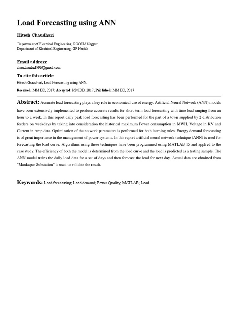 Load Forecasting Using ANN: Abstract | PDF | Forecasting | Artificial ...
