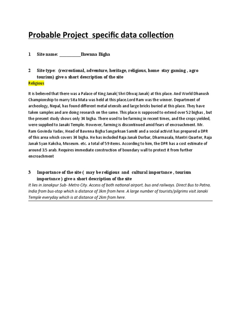 Probable Project Specific Data Collection | PDF | Business | Nature